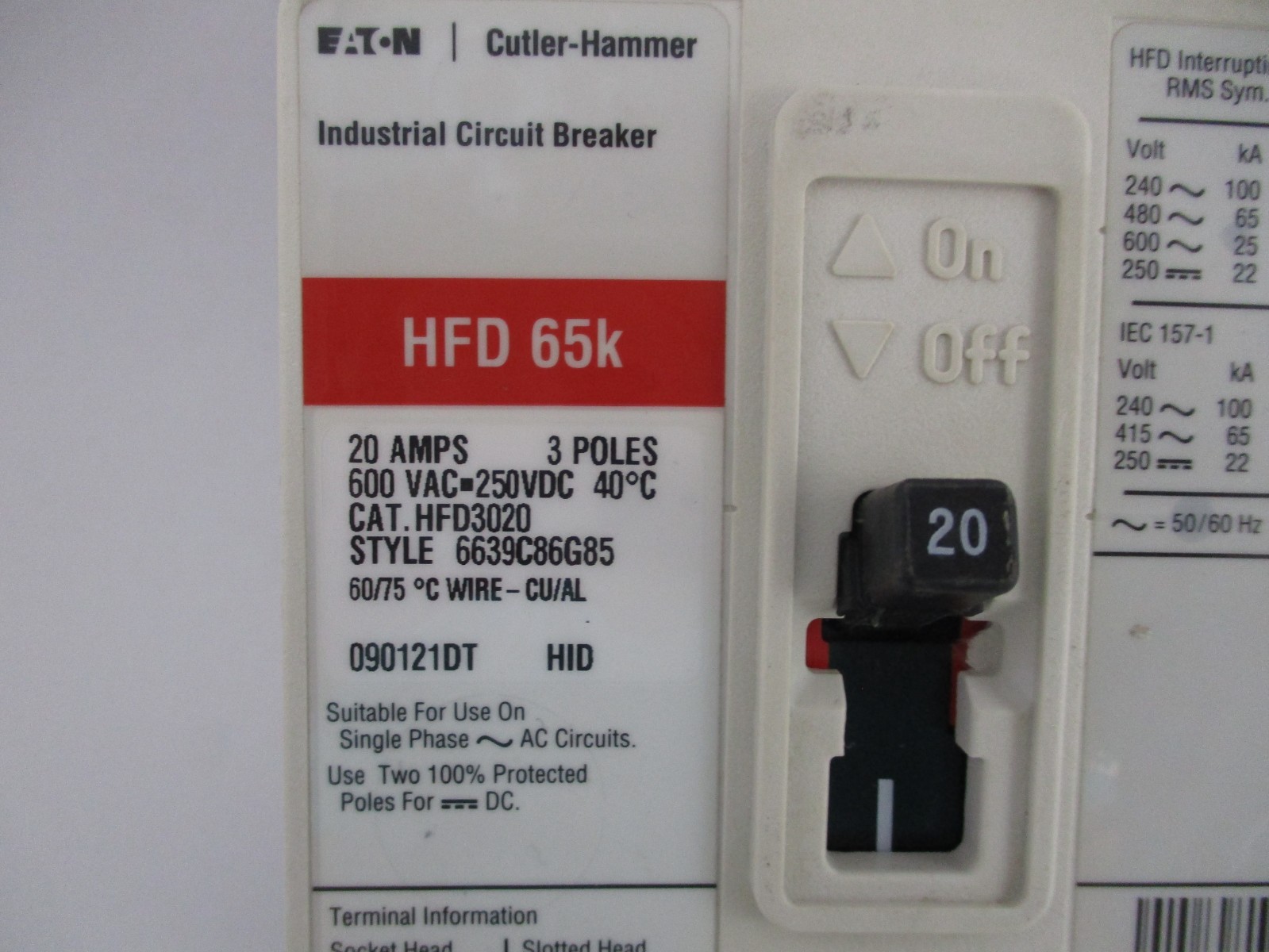 EATON HFD3020 20 AMP 3 POLE 600 VAC CIRCUIT BREAKER EXCELLENT CONDITION!!!