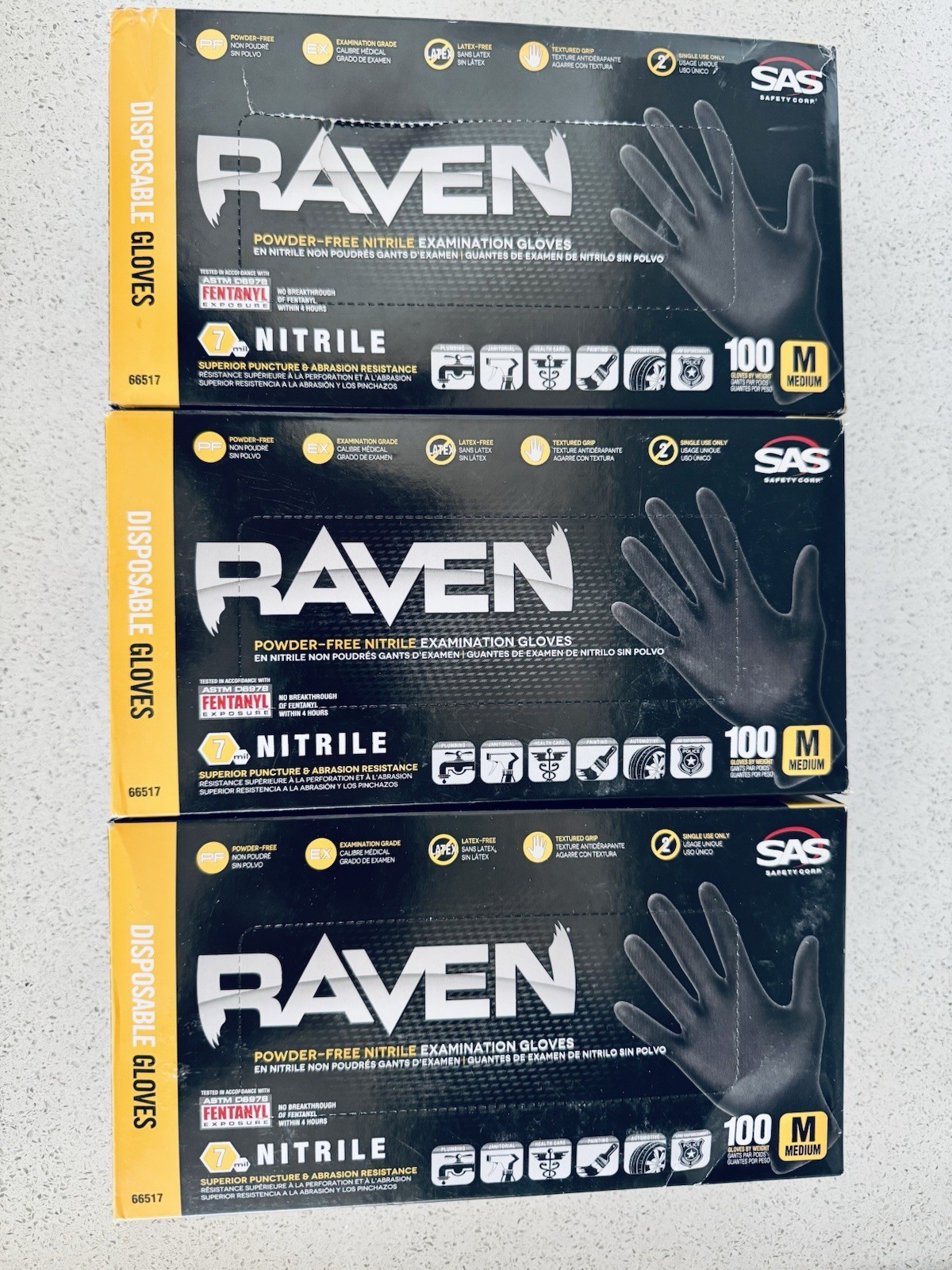 (3) Boxes SAS Raven Blk Nitrile Gloves Powder Free New 7mil Version (100/box) M