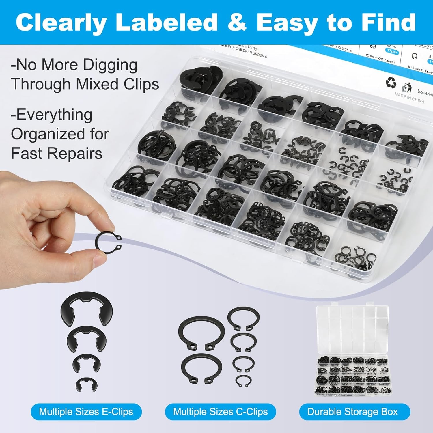 324Pcs C Clips & E Clips Assortment Kit 24 Sizes C Clip 5mm–16mm & E Clip