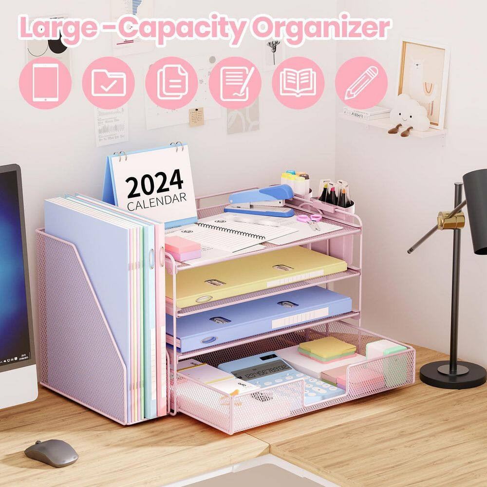 15.5 In. X 9.3 In. Reds/Pinks Metal Desk Organizer, Desk Accessoriesr with Drawe