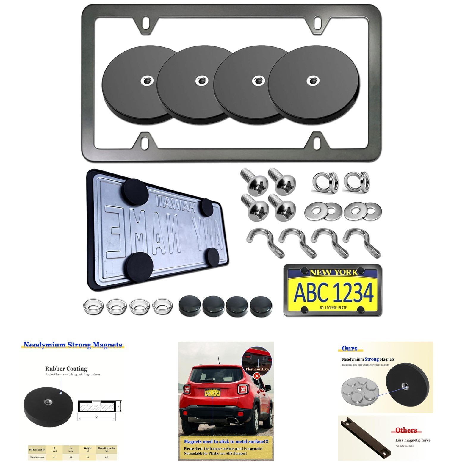 Magnetic License Plate Holder 4 Pack Neodymium Mount with Rubber Coating Black