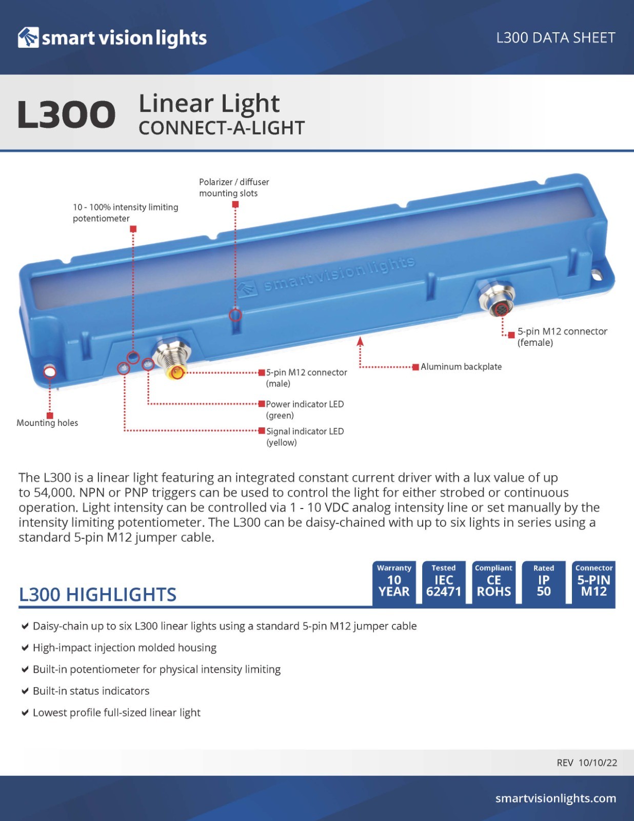 New Smart Vision L300-625 300mm Linear Light L300-625-W