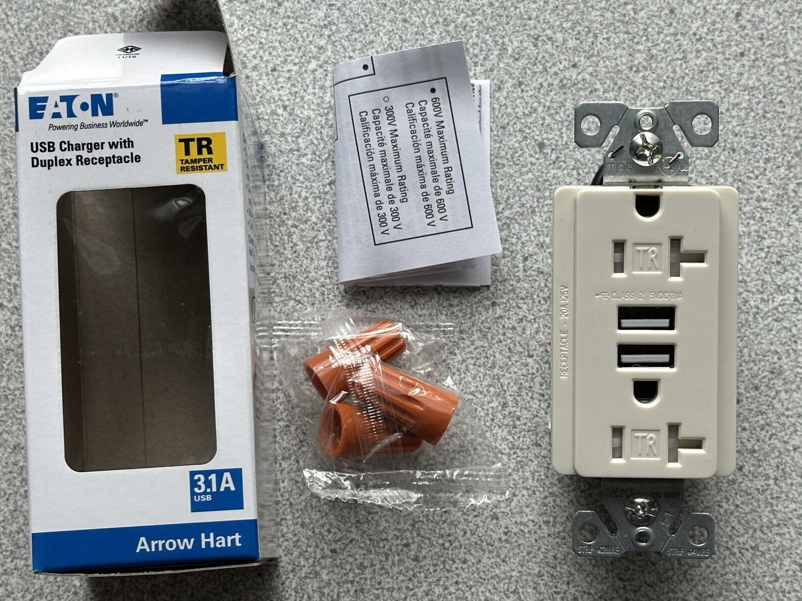 NEW Eaton TR7756LA Combo Duplex Receptacle Outlet w/ 2 USB Charger Tamper Resist