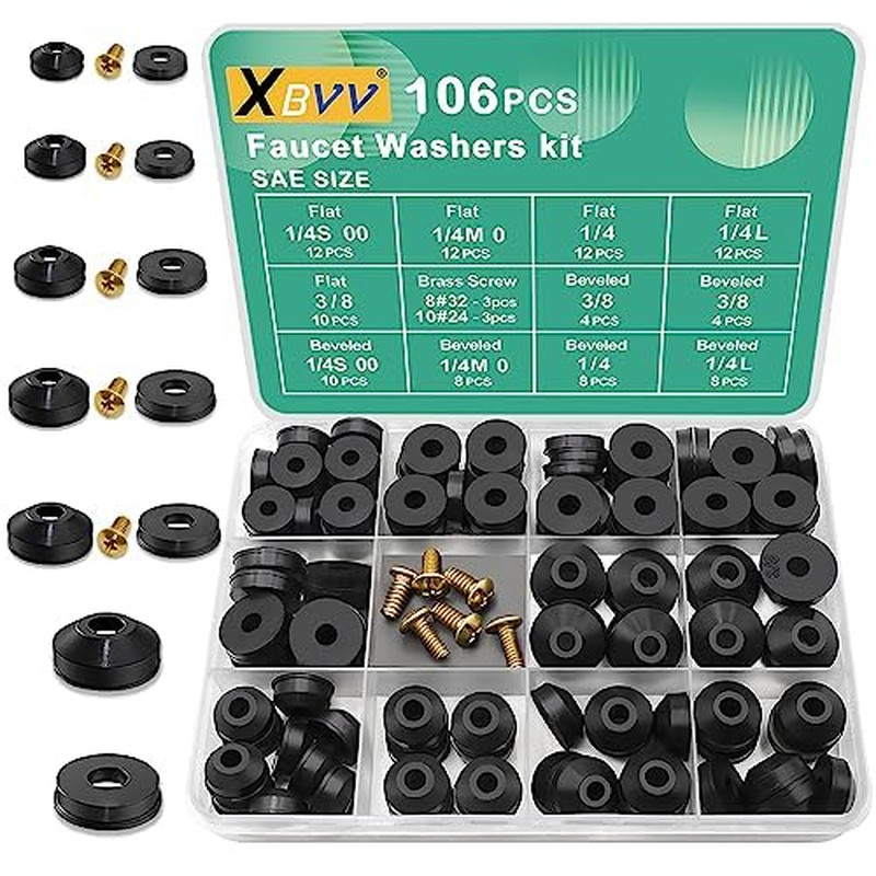 106 PCS Faucet Washer Assortment Kit with Assorted Flat and Beveled Rubber Washe