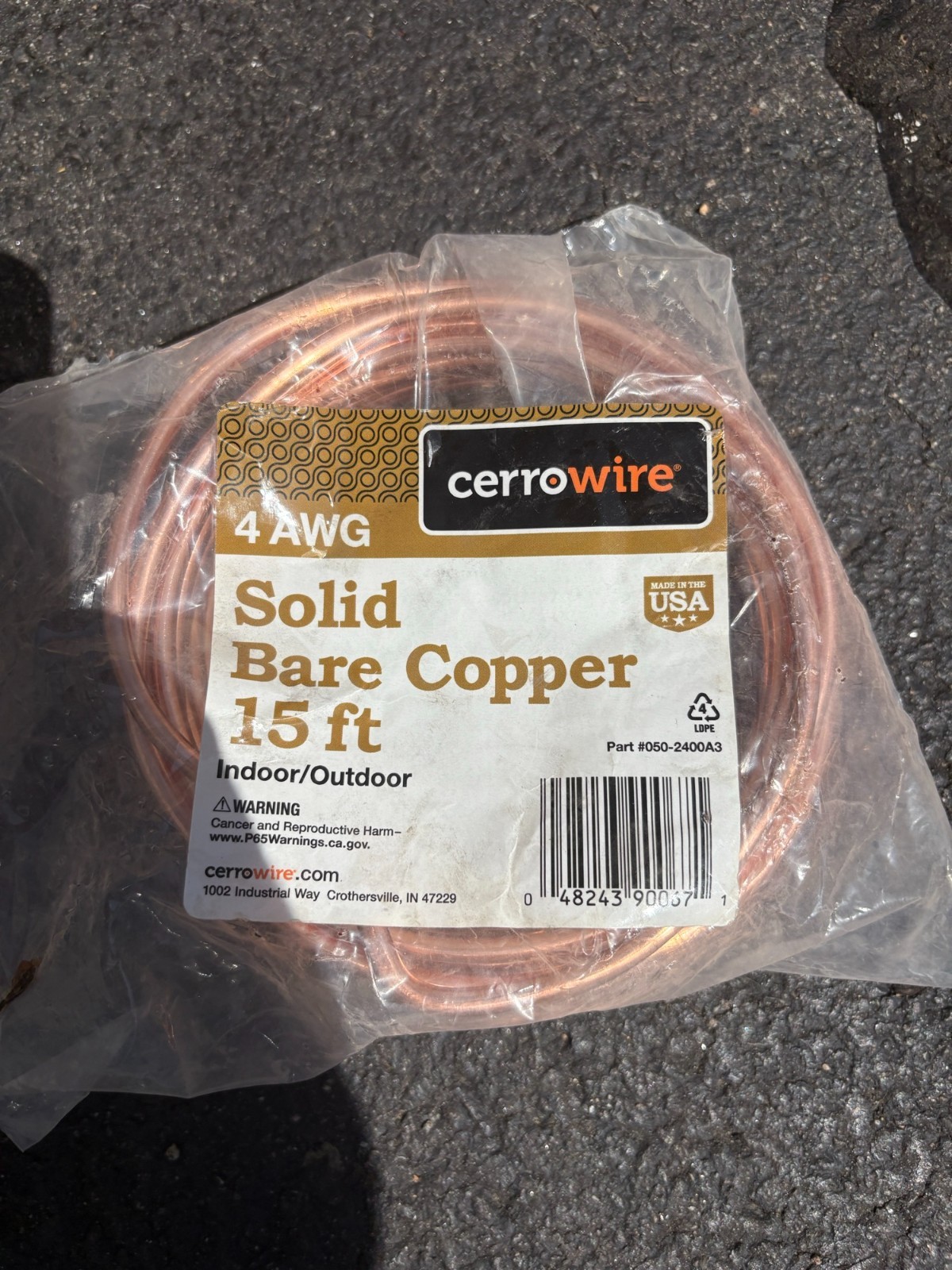 Cerrowire 050-2400A3 4 AWG Solid Bare Copper Grounding Wire 15 ft Soft Drawn