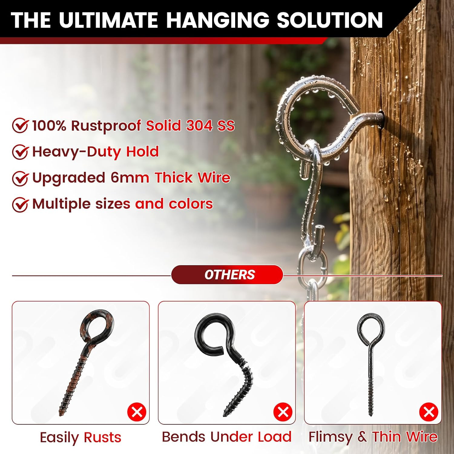 300LBS Heavy Duty 3.2 Inch 304 Stainless Steel Screw Eye Hooks with 5 S-Hooks, S
