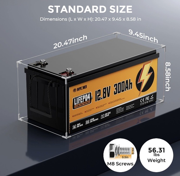 12V 300Ah LiFePO4 Lithium Battery 200A BMS 3840Wh for RV Off-Grid Solar System