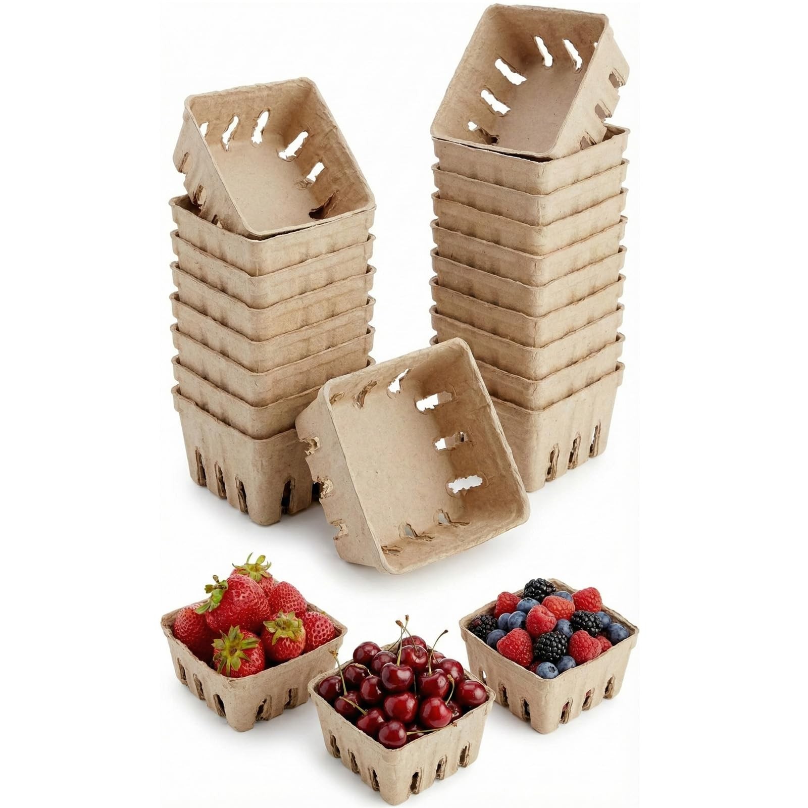 15 Pack Natural Pulp Fiber Berry Basket, Small Vented Produce Baskets for Far…
