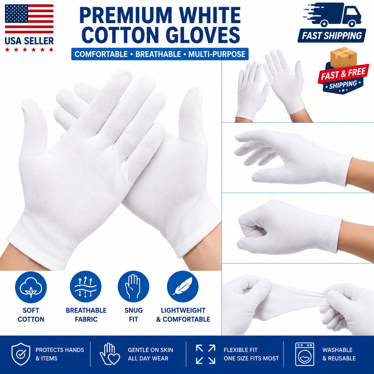 3 Pairs White Cotton Gloves Moisturizing Overnight Dry Hands Eczema Jewelry XL