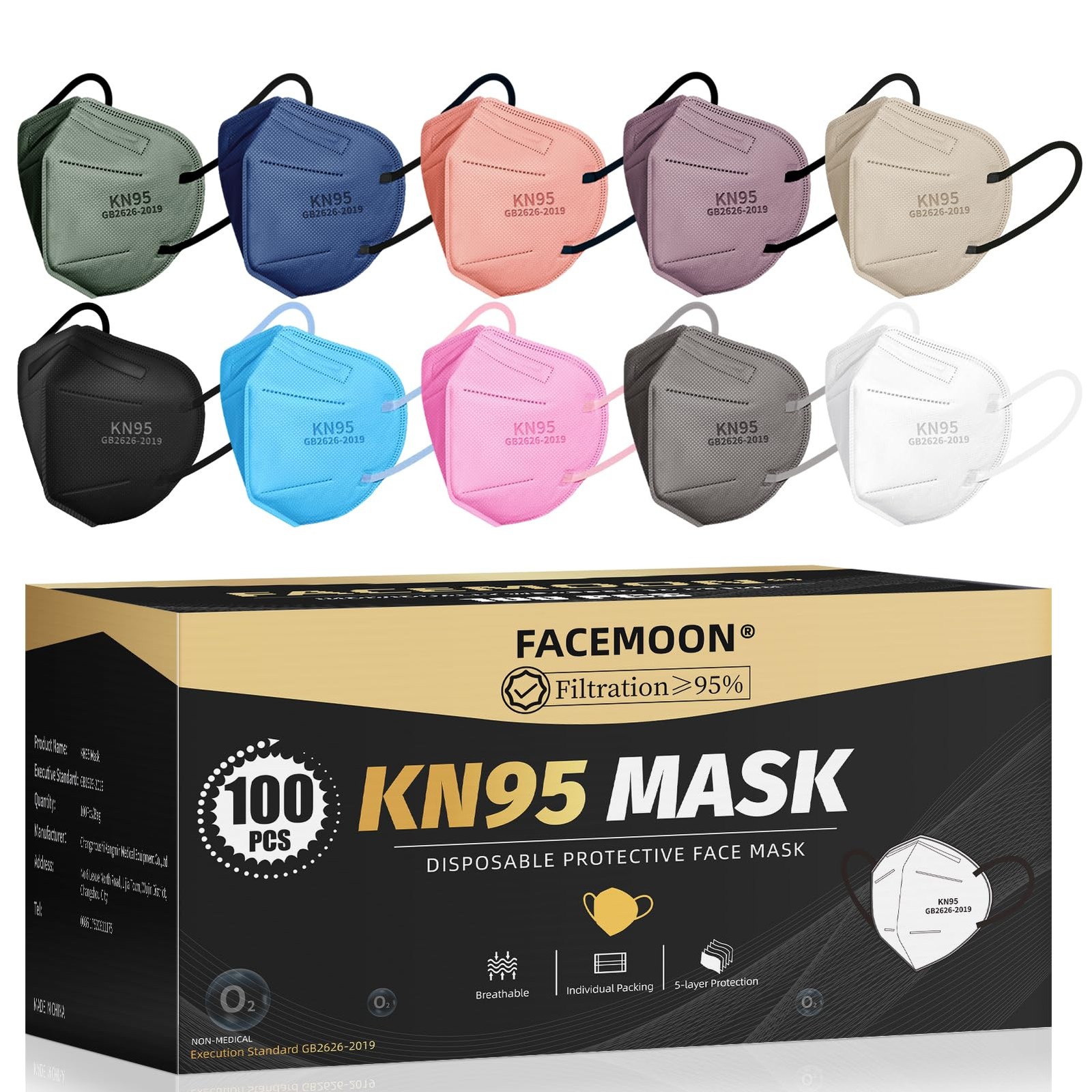 KN95 Face Masks Adults Disposable – 100 Pack 1 Count (Pack of 100), Colored