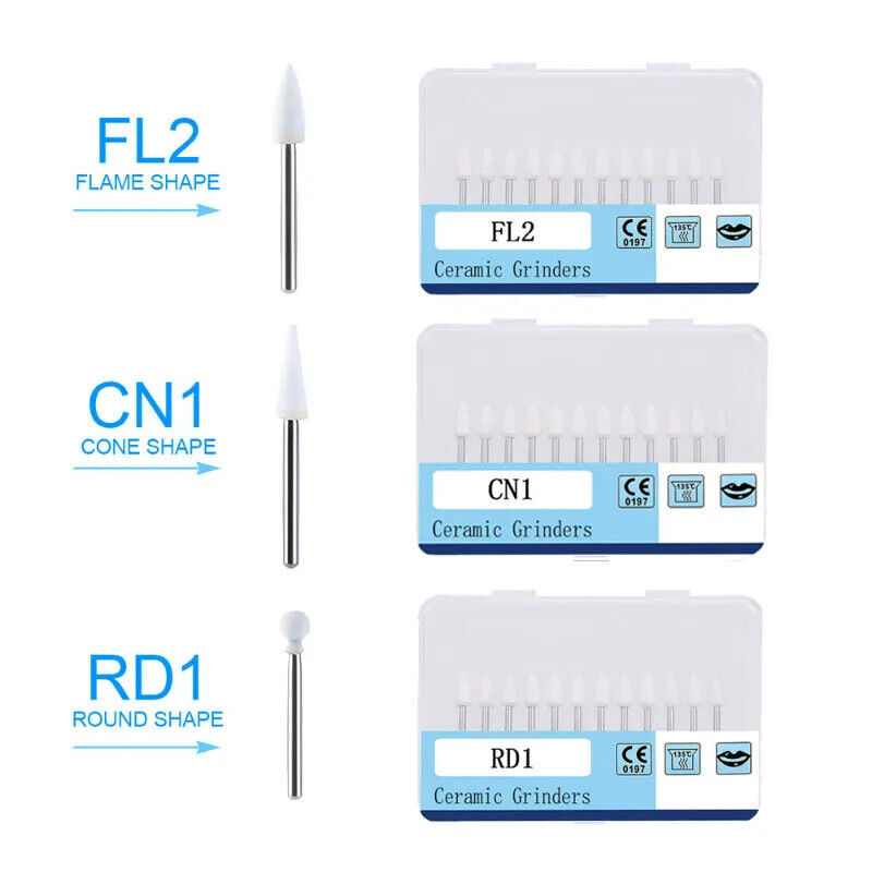 12Pcs/Box Dental White Stone High Speed Polishing Burs FG Cone/Flame/Round Shape