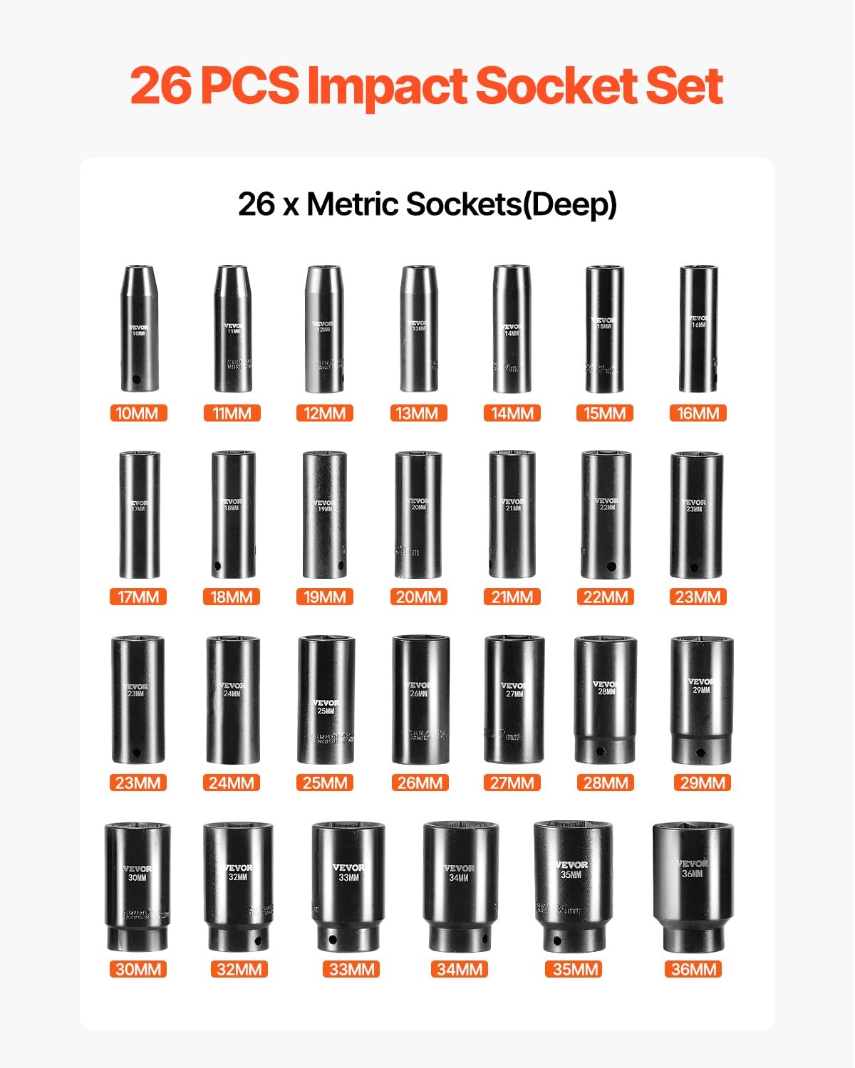 VEVOR Impact Socket Set 1/2 Inches 26 Piece Deep Sockets, 1/2», Black