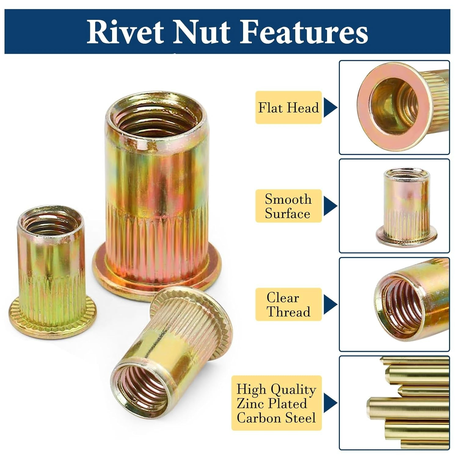 High-Strength 7-Sizes Metric Rivnut Set – Flat Head & Zinc Finished, 230 Pcs