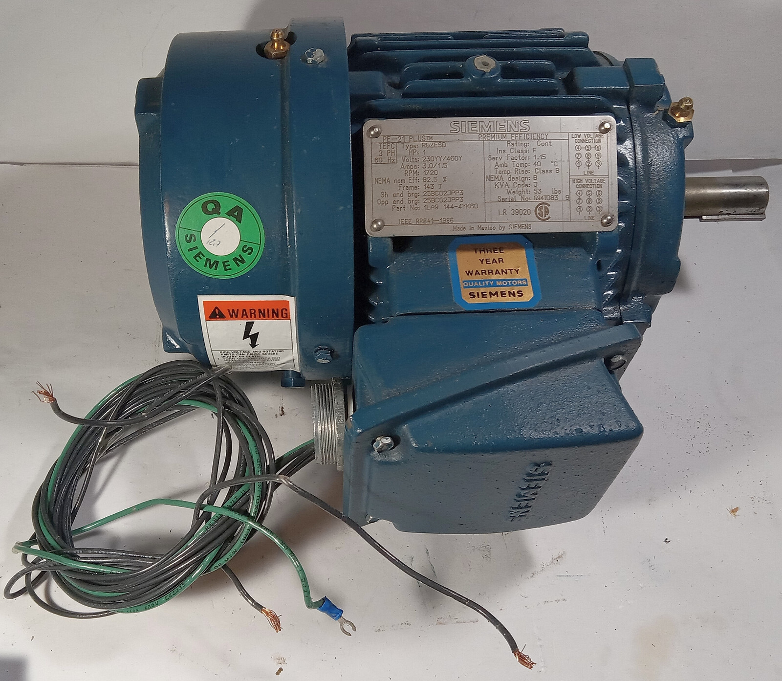 1 USED SIEMENS PE-21 PLUS RGZESD 1 HP 1720 RPM ELECTRIC MOTOR ***MAKE OFFER***