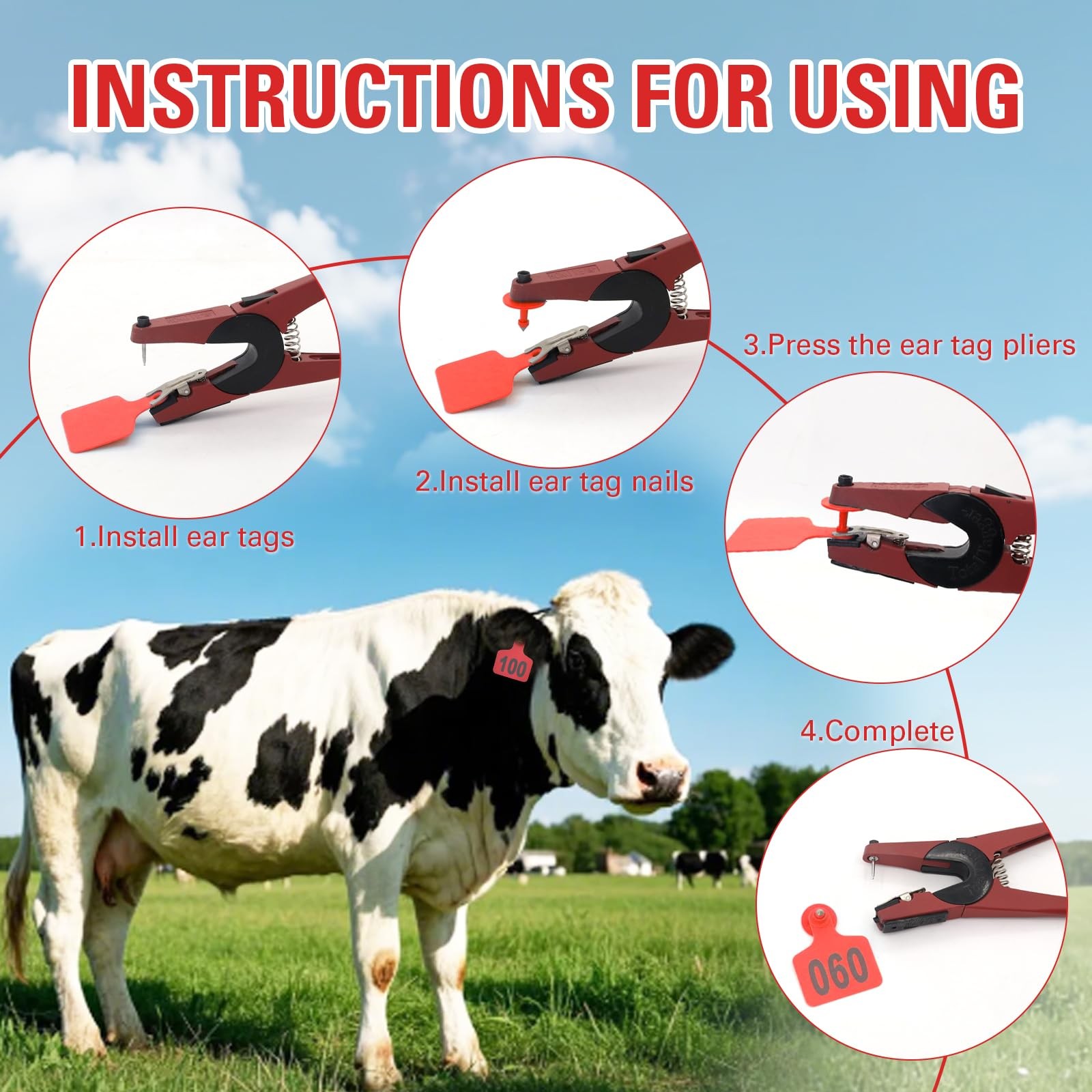 Cattle Ear Tags 001-100 Number Plastic Livestock Animal Tag for Small, Red