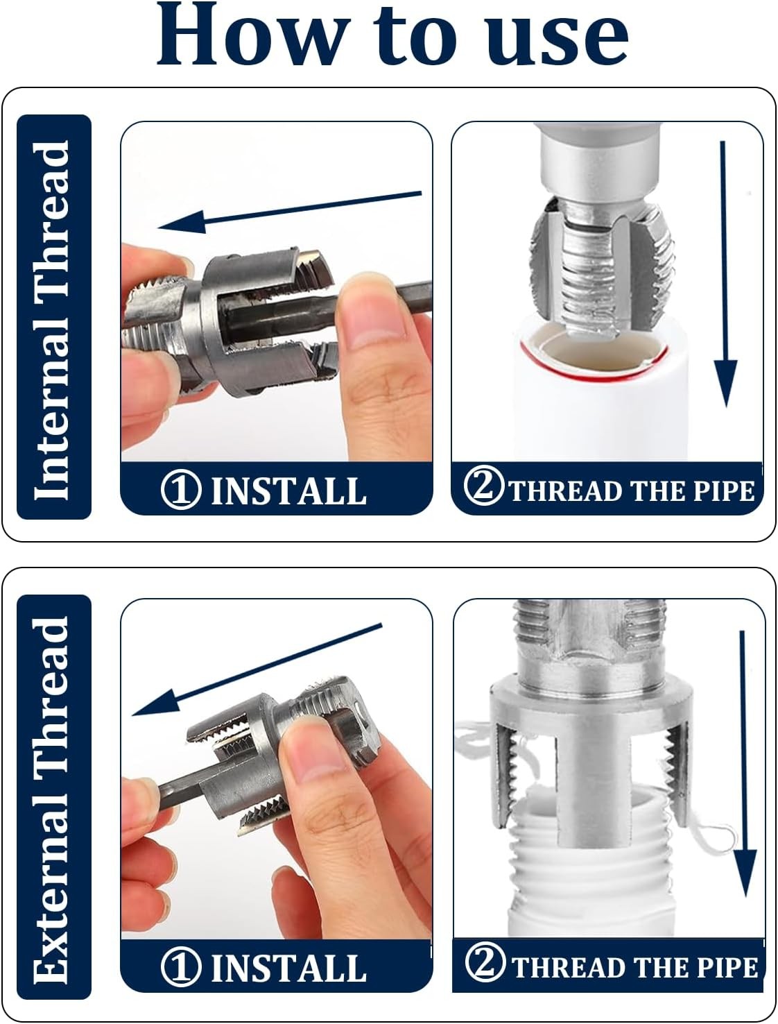 3Pcs PVC Pipe Threader Kit 1/2″ 3/4″ 1″ NPT Dual-Function Internal & External