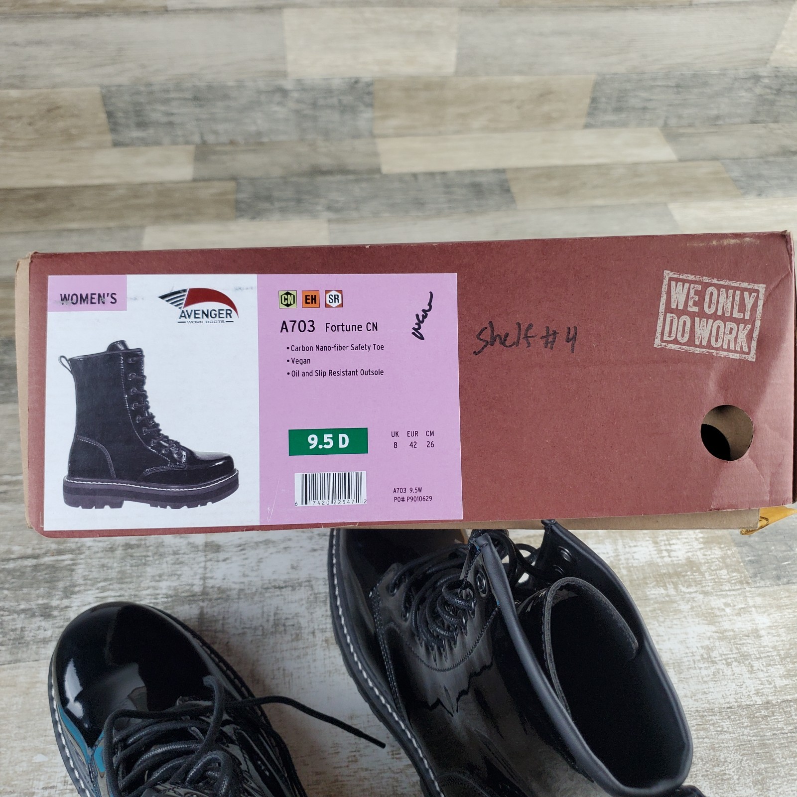 Avenger Fortune Womens Work Boots Sz 9.5 D Black Shiny Patent Leather Lace-Up
