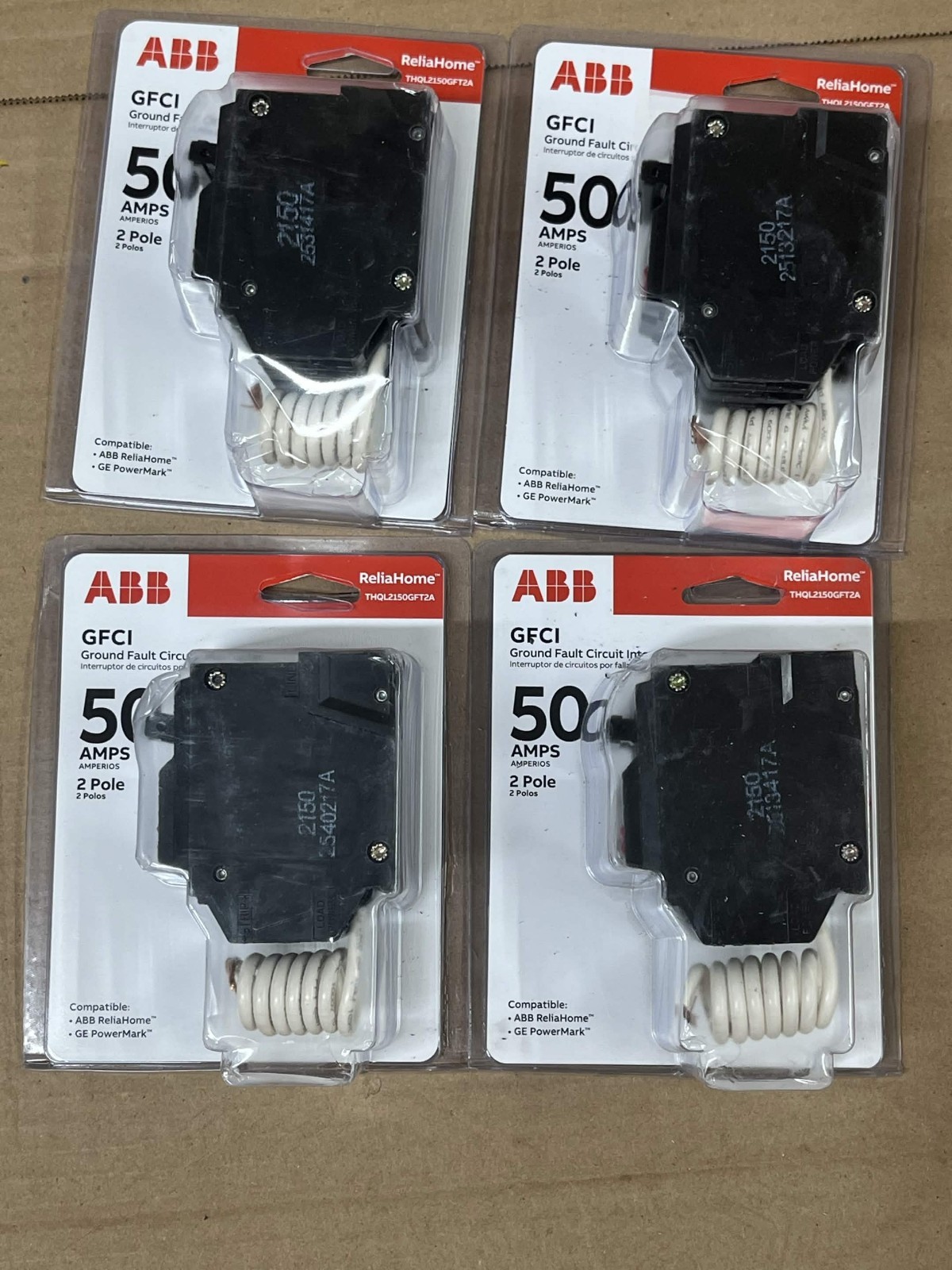 New ABB GE THQL2150GFT2A 50-Amp 2-Pole GFCI Circuit Breaker 4-Pack