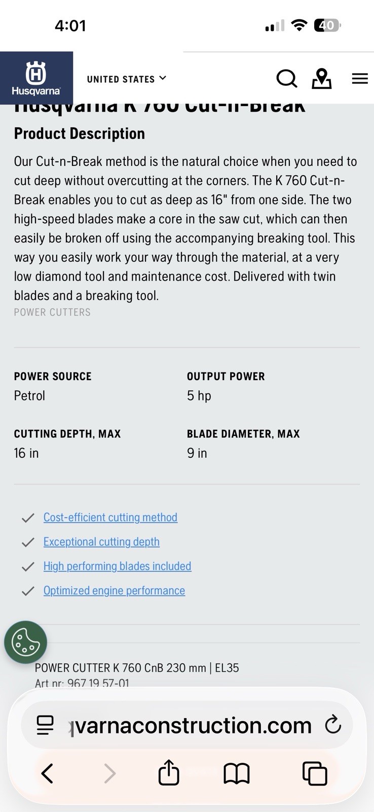 Husqvarna K760 Cut-n-Break Gasoline Handheld Cut-Off Saw 9 in Max Blade