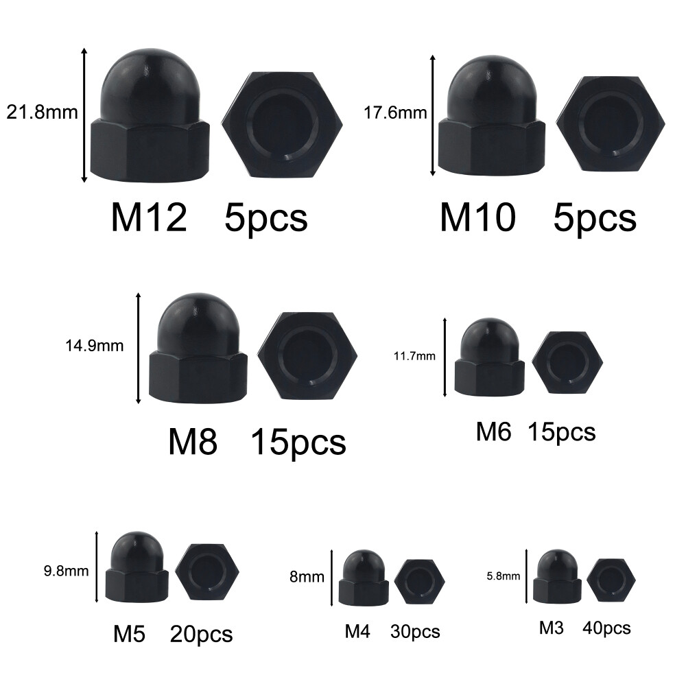 7Sizes 130Pcs Black Nylon Acorn Nut Metric Inner Threaded Cap Nuts Assortment
