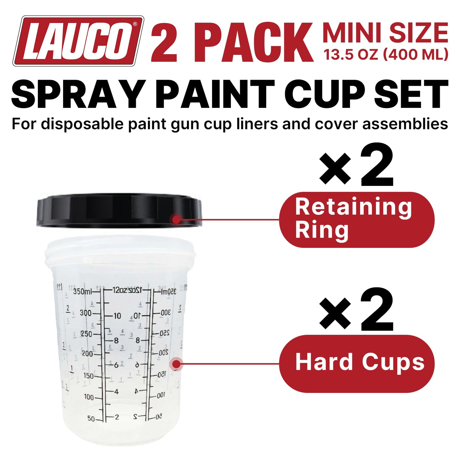 LAUCO 2 Pack Paint Spray Gun Hard Cup Set, 400ML (13.5 Oz) Reusable Mixing Cups