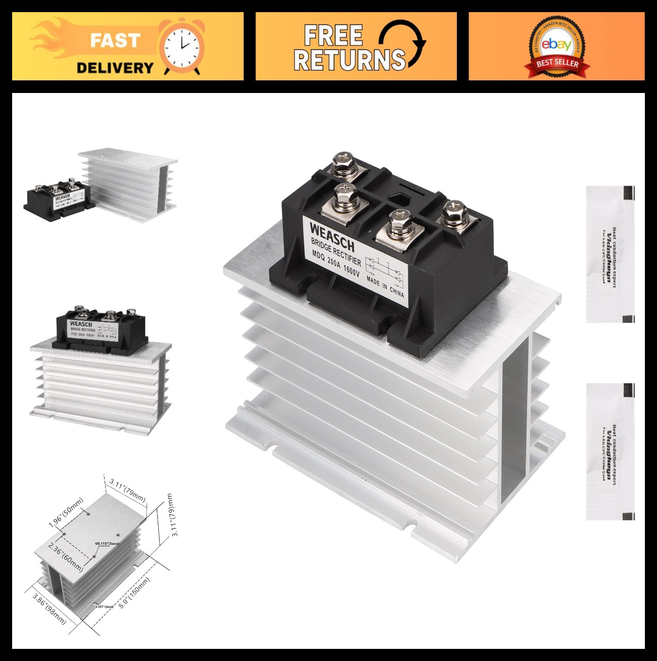 200A Bridge Rectifier Module, AC to DC Full Wave Diode, 1600V Single-Phase, Heat