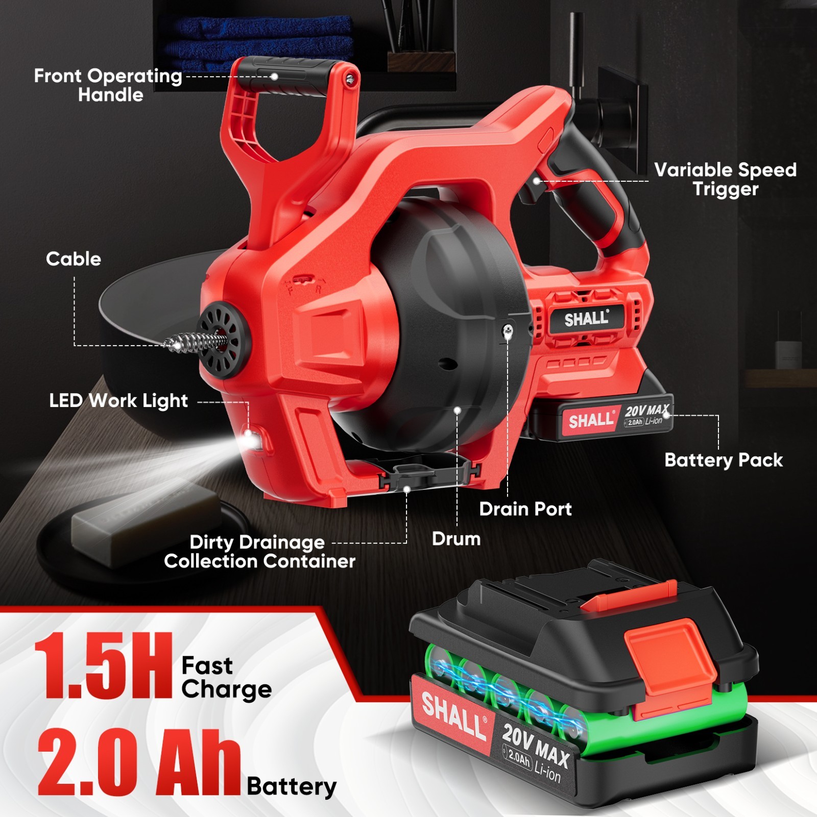 SHALL 20V Cordless Drain Auger, for 3/4’’-2’’ Sewer Pipe, Sink Toilet Bathroom