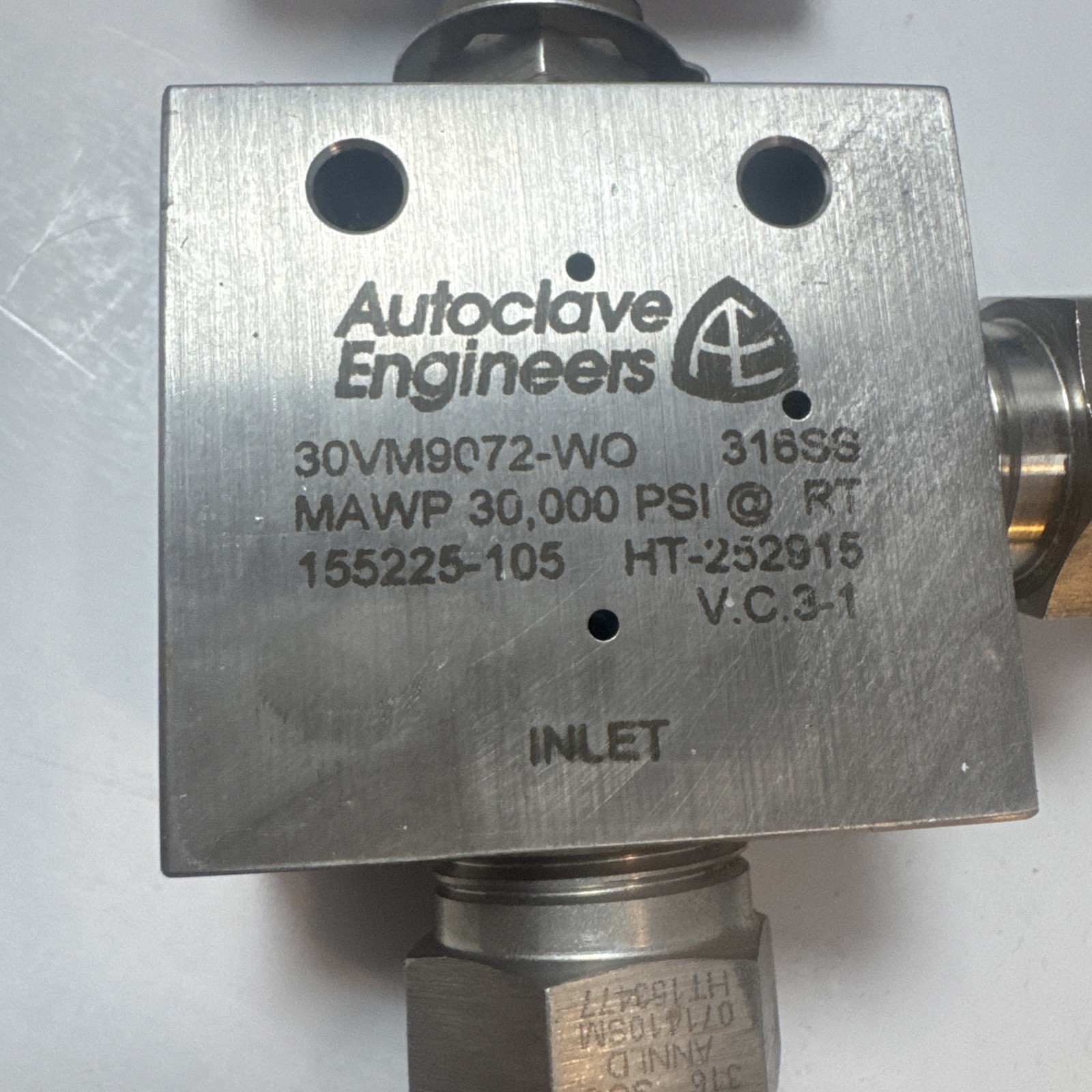 Autoclave Engineers 30VM9072-WO High Pressure Needle Valve MWP 30,000 PSI @ RT