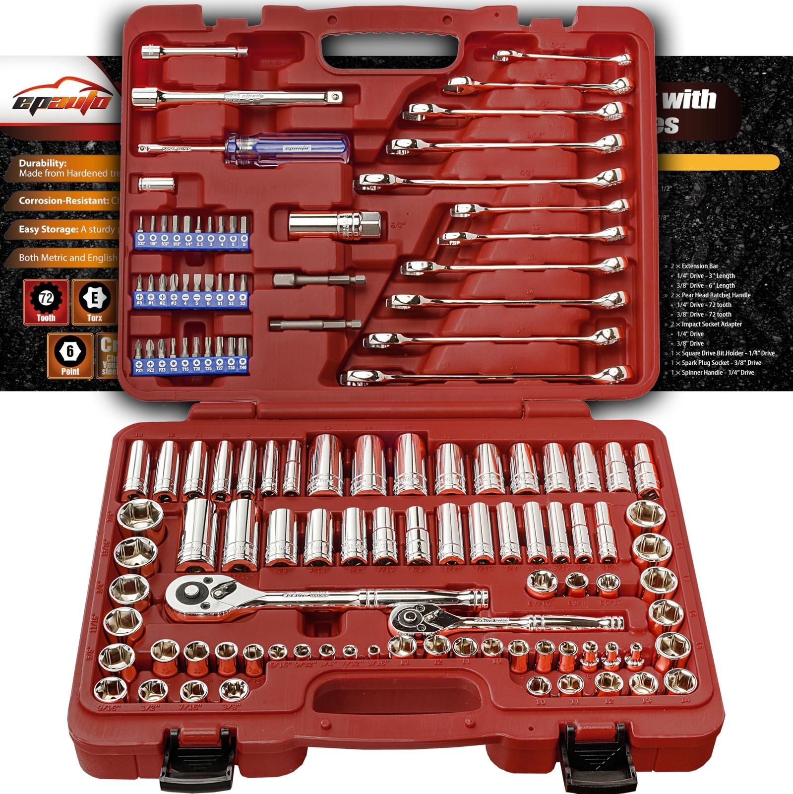 EPAuto 122 Pcs Mechanics Tool Set SAE Metric Socket Wrench Ratchet Repair Kit