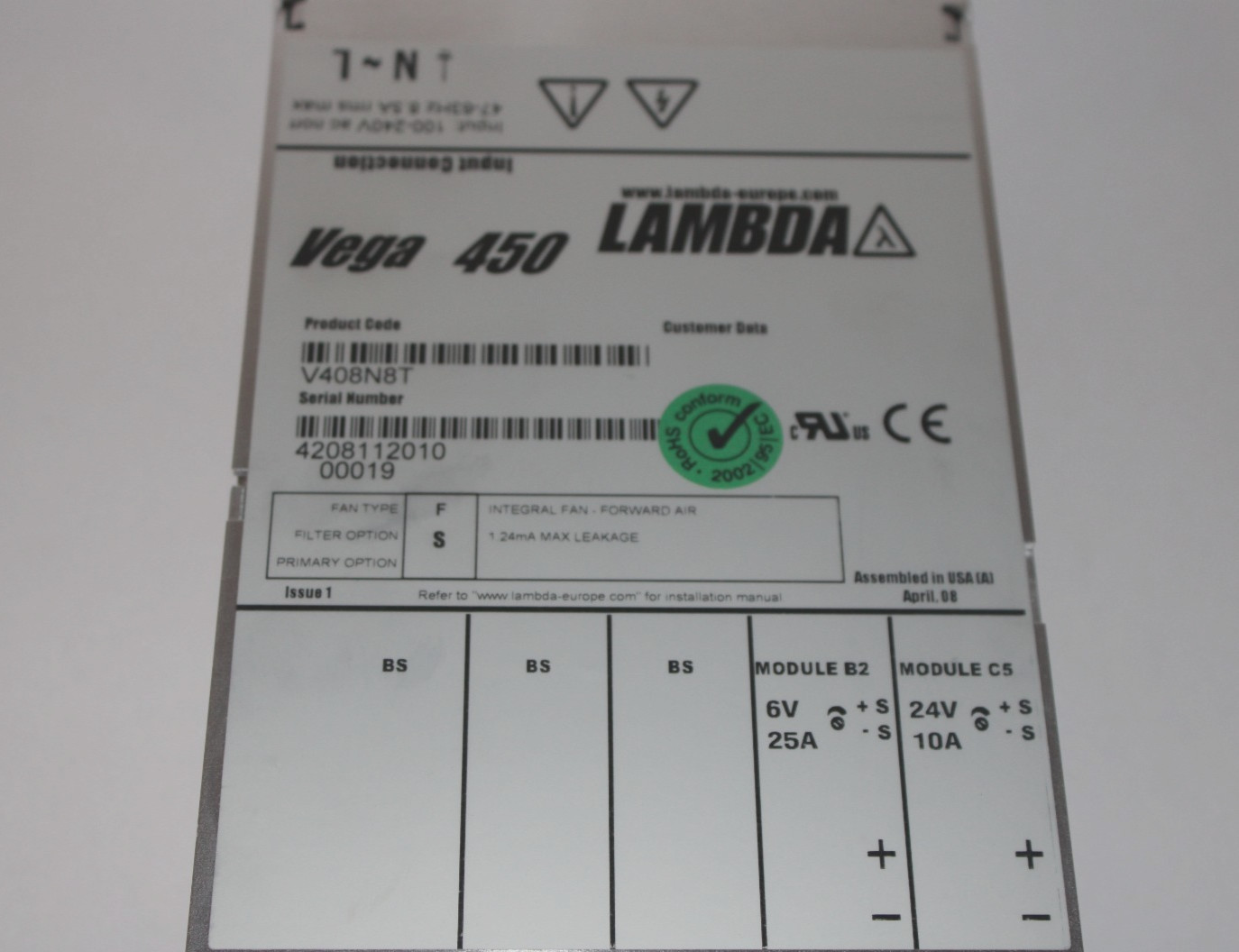 TDK-LAMBDA VEGA 450 V408N8T 450W MODULAR AC-DC POWER SUPPLY B2 6V 25A C5 24V 10A
