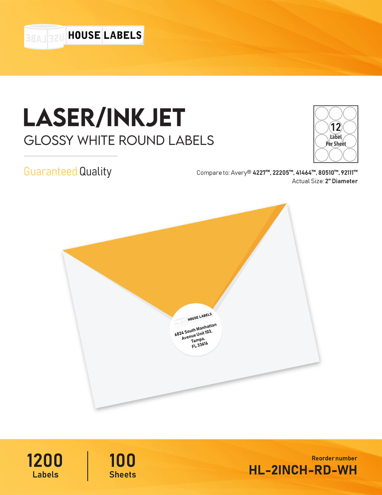 300 labels (25 sheets) 2” inch Circle Round White Glossy Finish