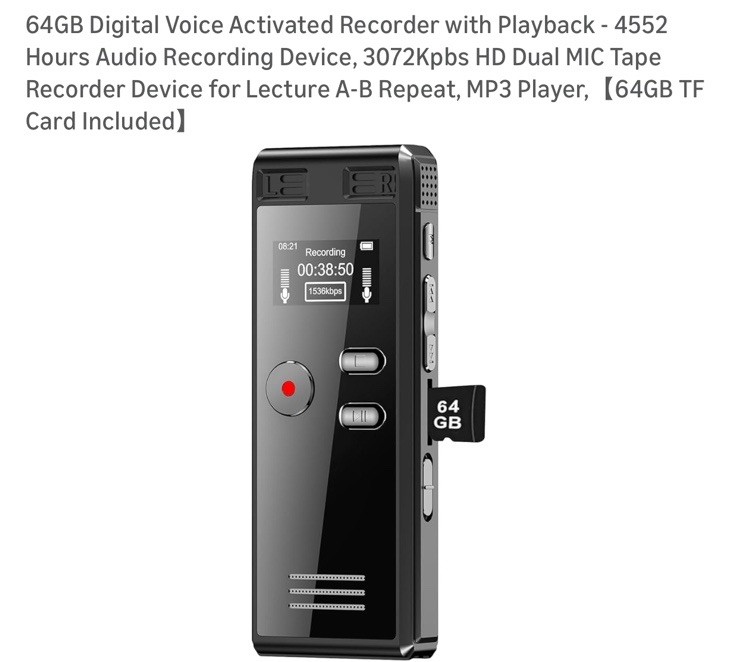 64GB Digital Recorder with Voice Activation – 4552 Hours for Lectures & Meetings