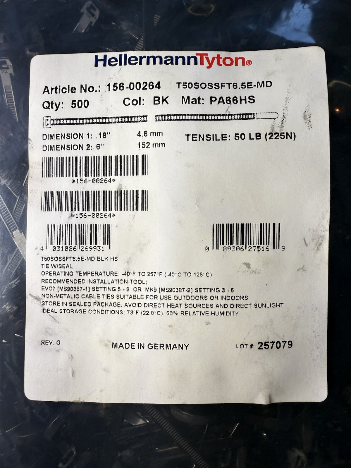 HellermannTyton T50SOSSFT6.5E-MD Black Cable Ties 6” 50lb Qty 500