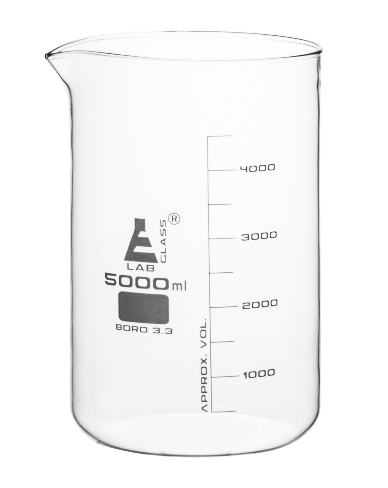 Eisco Labs 5000ml Beaker – Low Form – White Graduations – Borosilicate Glass