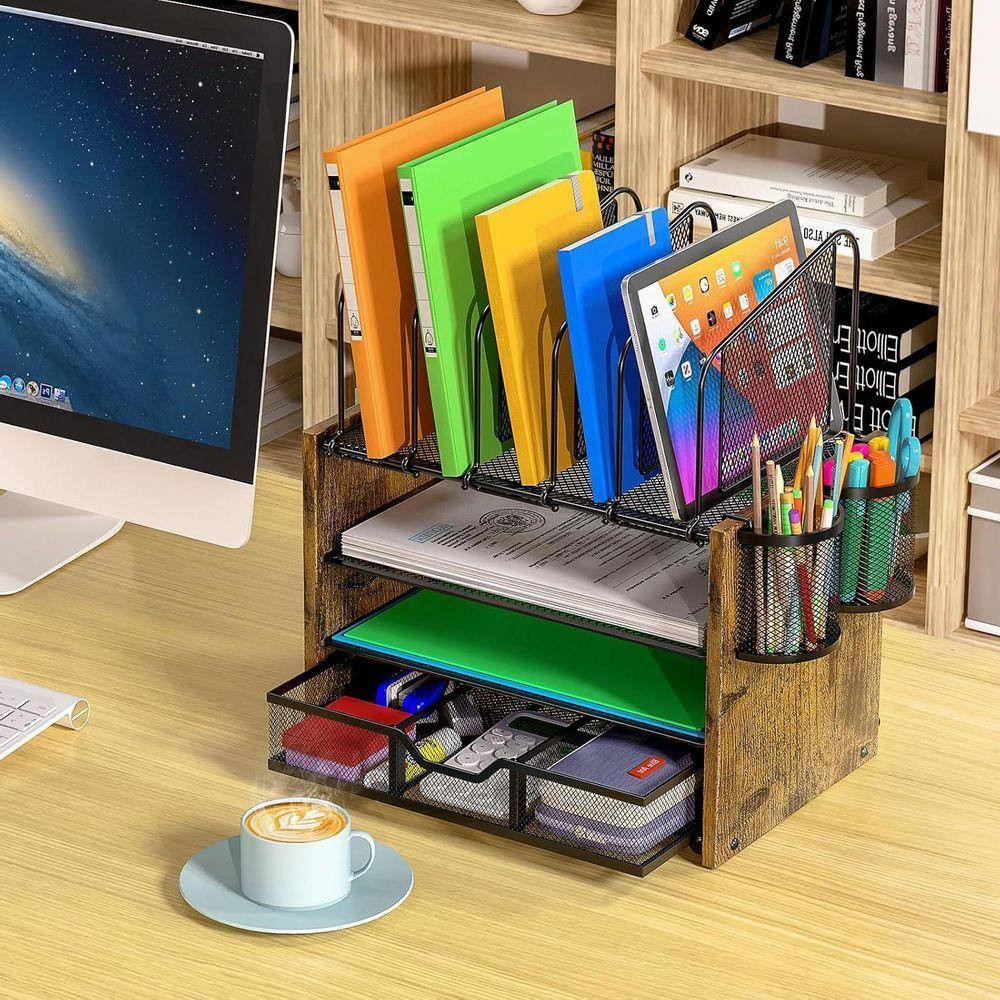 Brown 13.5 In. X 16.3 In. Metal Desk Organizers with 5 Vertical File Holders and
