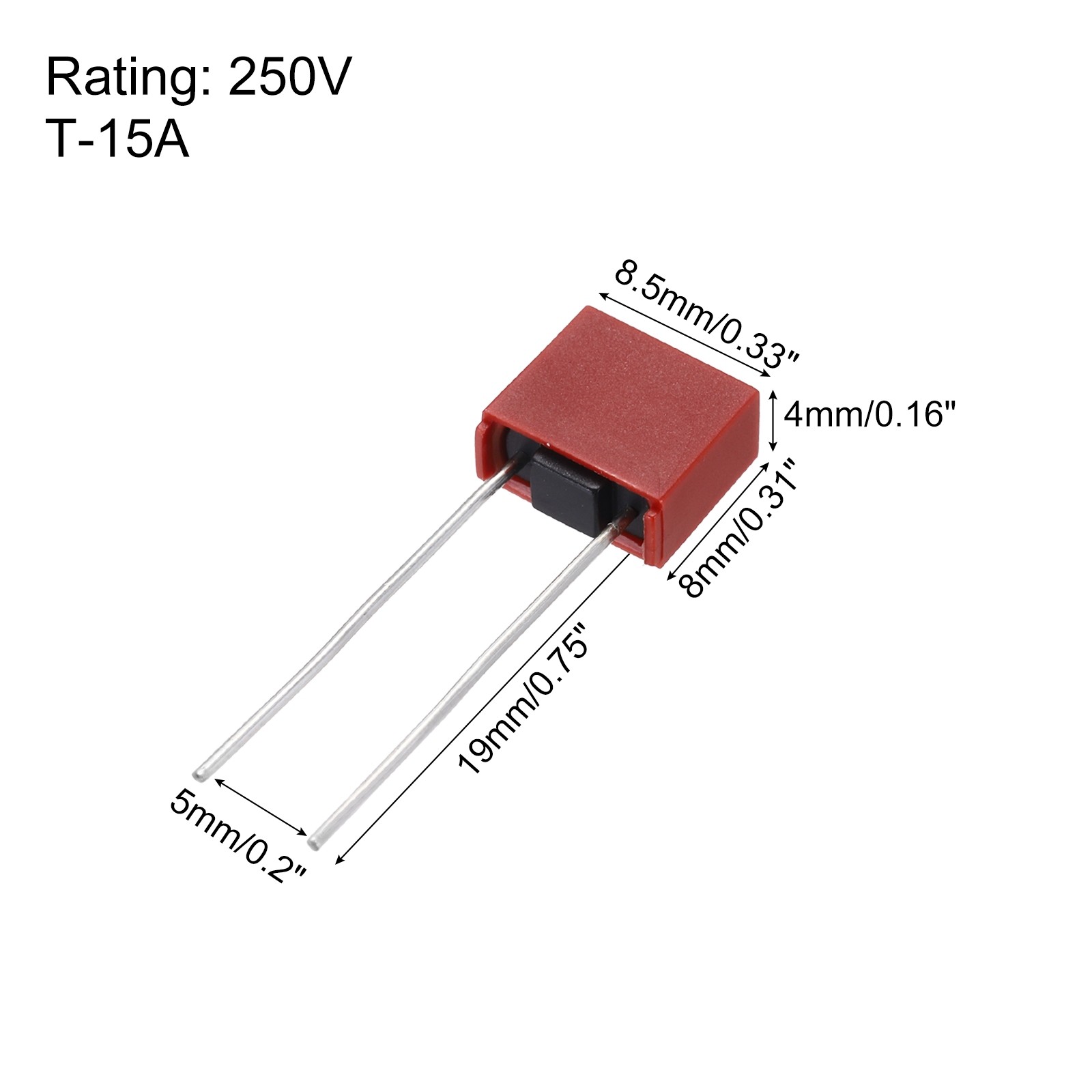 15Pcs DIP Mounted Miniature Square Slow Blow Micro Fuse T15A 15A 250V Red