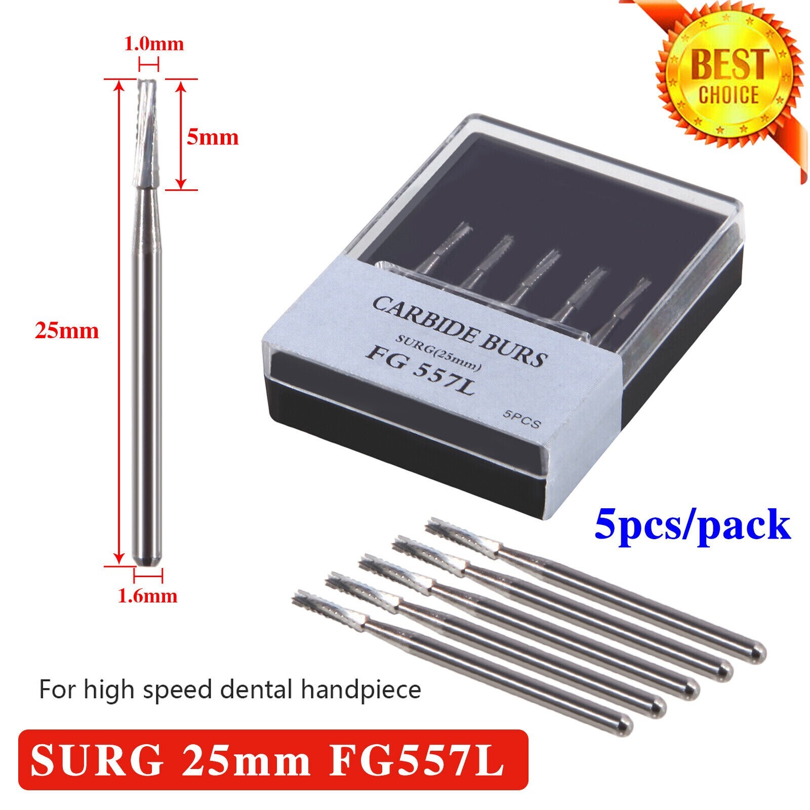 Dental Long Surgical Burs FG #557L 25mm Shank Tungsten Carbide Midwest USA