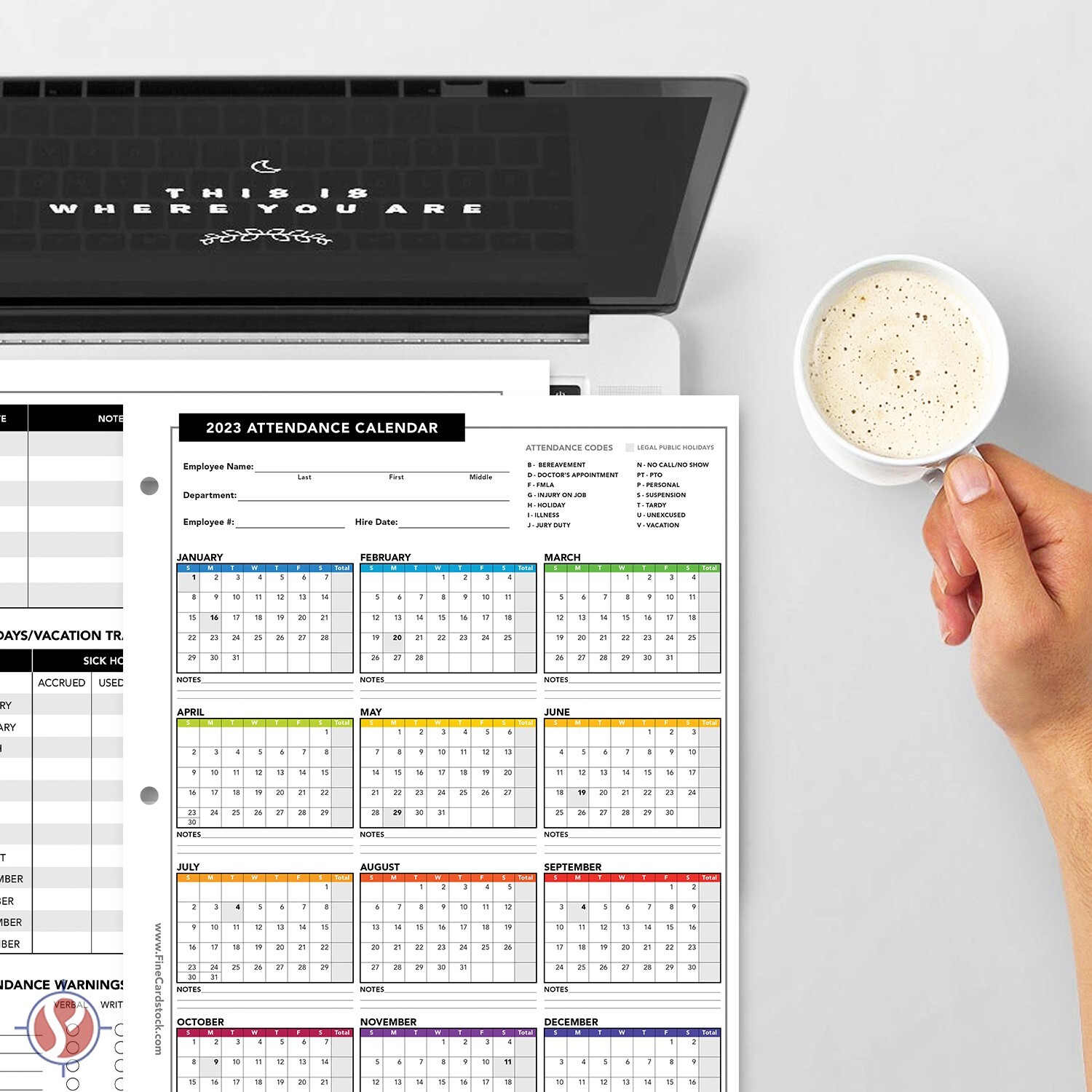 2023 Attendance Calendar Cardstock, Employee Work Tracker, 8.5 x 11, 25 Qty