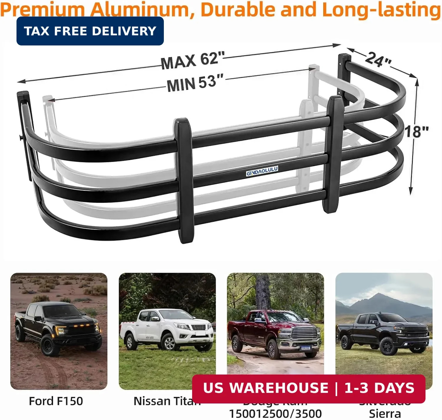 53″-62″ Adjustable Aluminum Tailgate Extender for Ram 1500 2500 Silverado Sierra