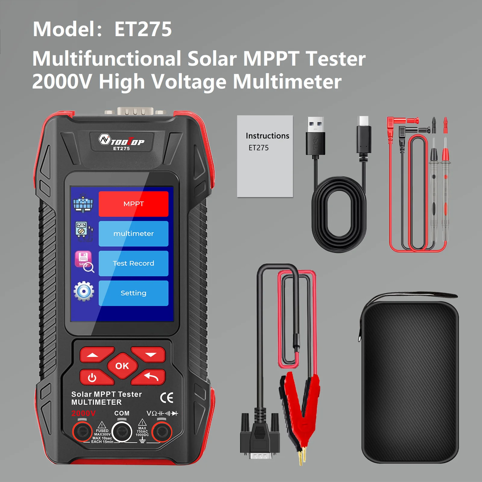 2000W Solar MPPT Power Tester 3.2 Inches 2KV 60000 Counts Multimeter Photovoltai