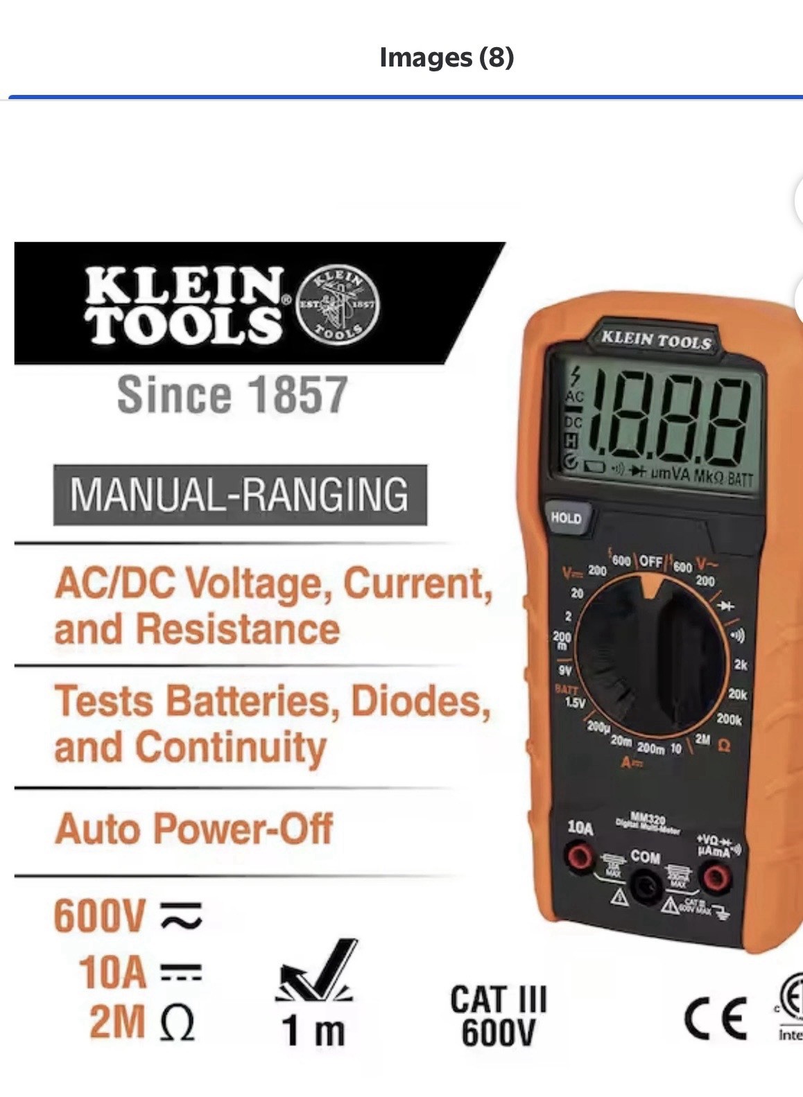 Klein Tools MM320 Digital Multimeter CAT III 600V Manual-Ranging Waterproof