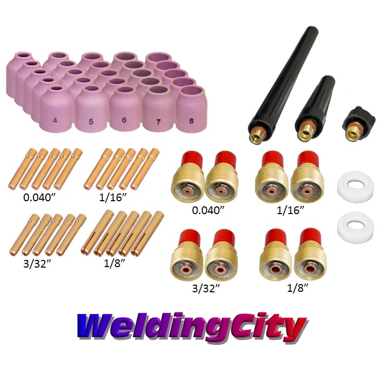 WeldingCity® 58-pcs Gas Lens Kit .040″~1/8″ TIG Welding Torch 9/20/25 T47 | USA