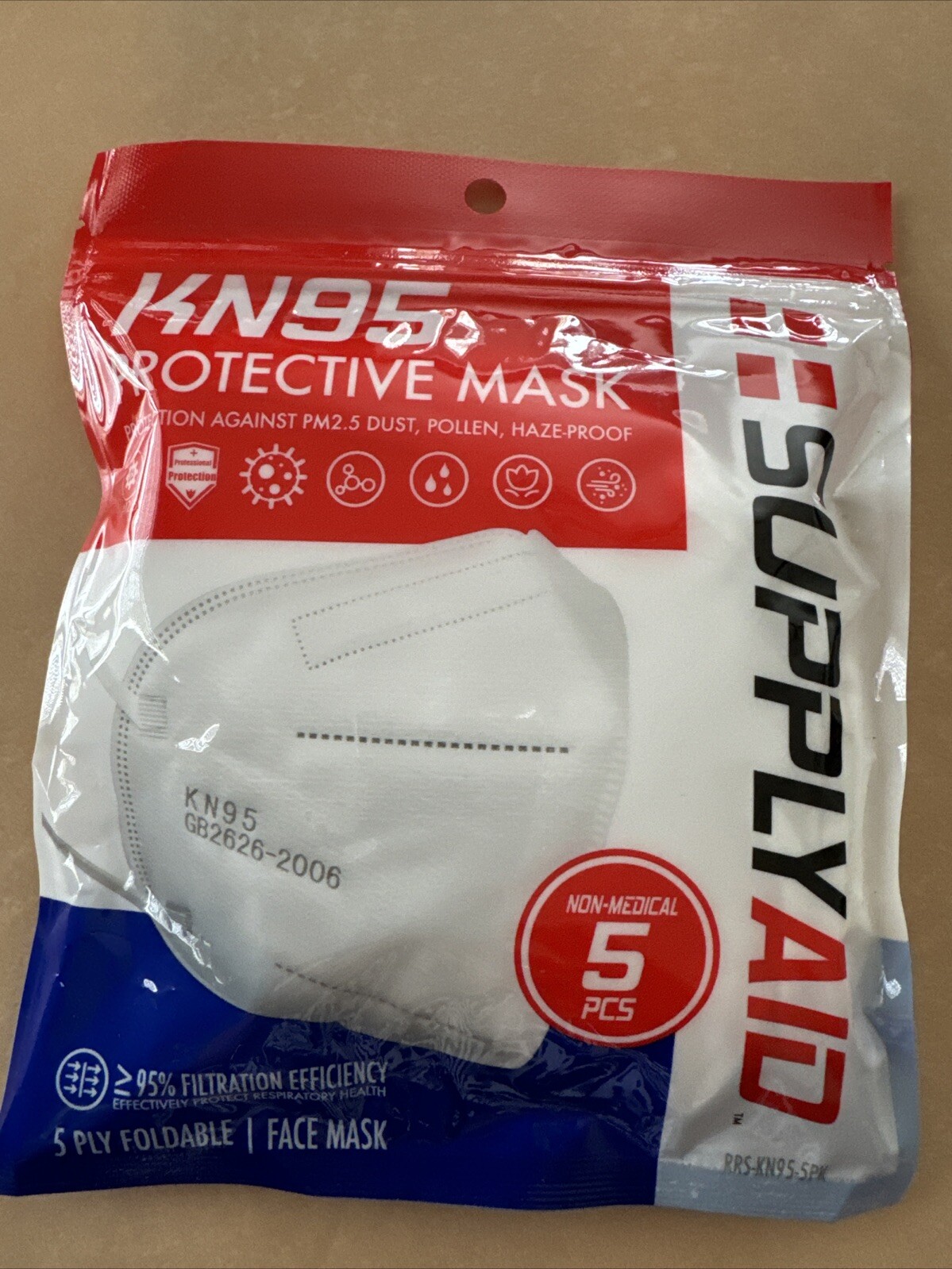 SUPPLYAID KN95 Protective Face Mask CE/ECM Certified | GB2626 Standard | 5-Pack