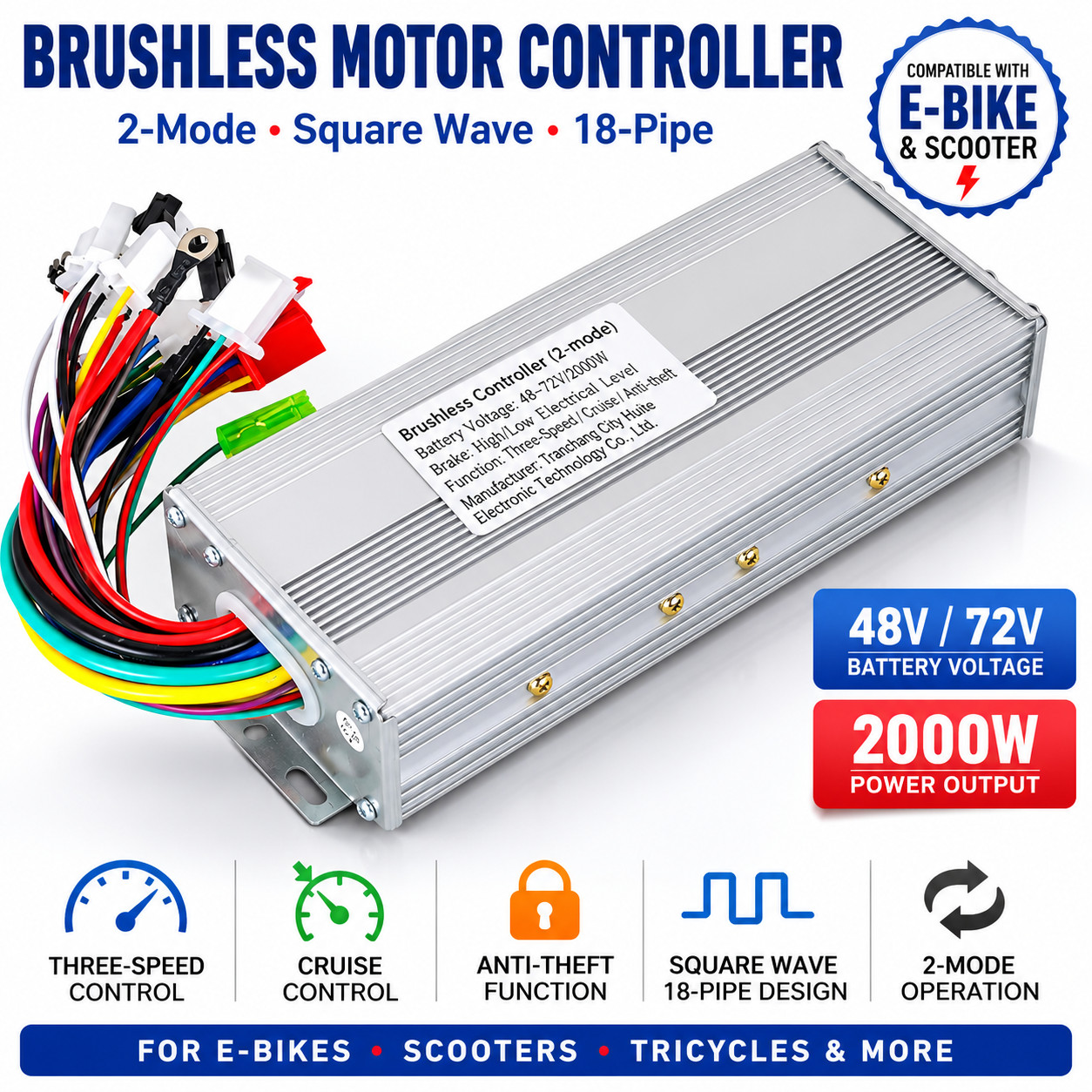 48V 72V 2000W Brushless Motor Controller 2-Mode Square Wave 18-Pipe E-Bike NEW
