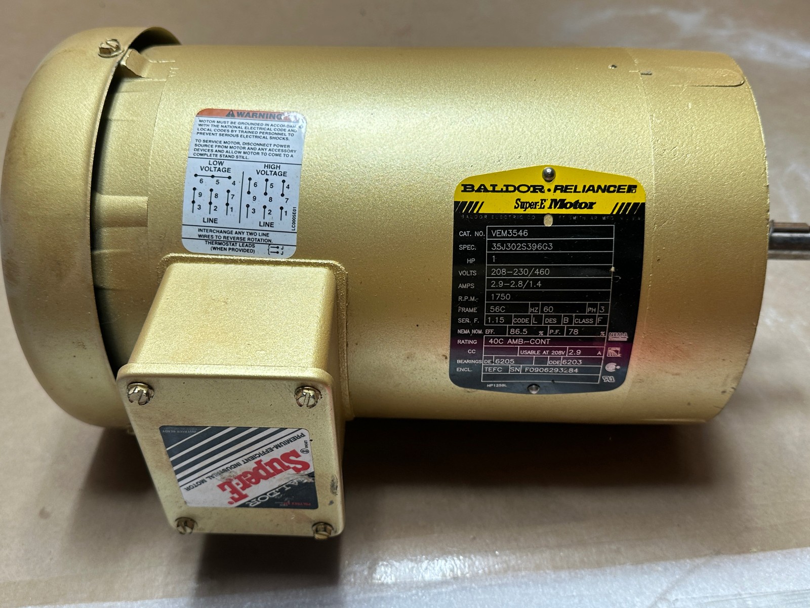New Baldor Super-E Motor VEM3546 1HP 208-230/460V, 2.9-2.8/1/4A 1750RPM 56C 3PH