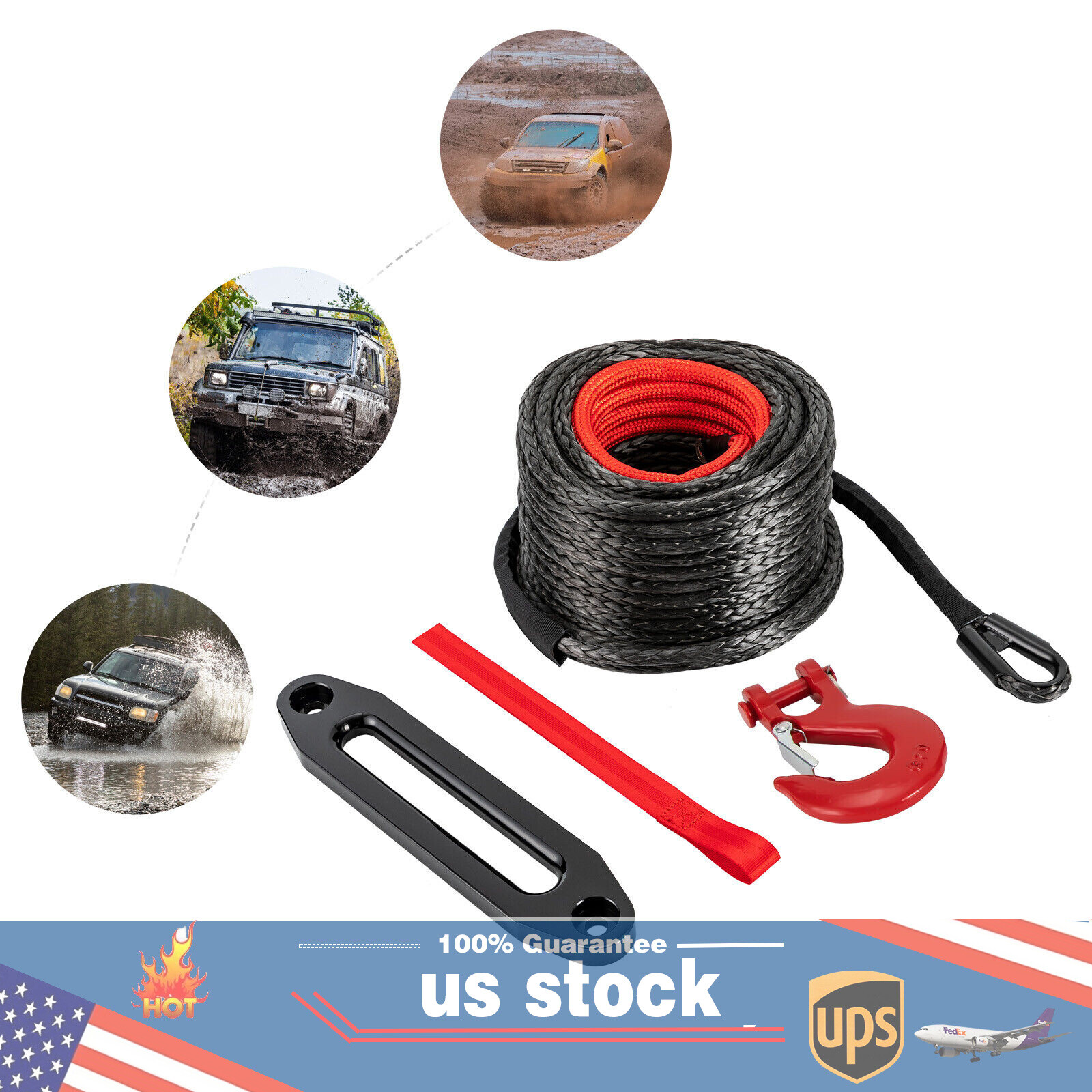1/2″x92ft Synthetic Winch Line Cable Rope With Sleeve + Winch Hook For ATV UTV