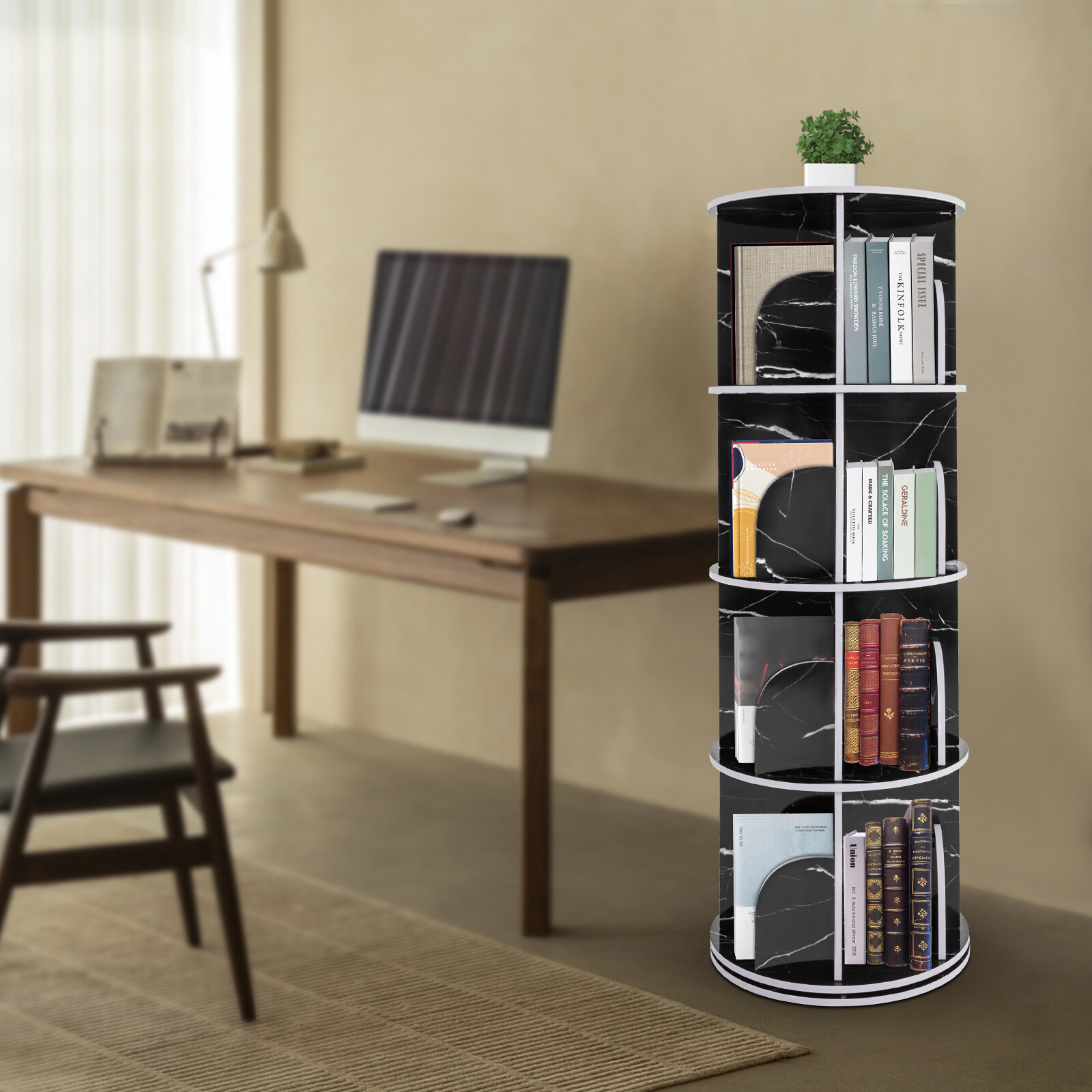 Rotating Display Bookshelf – Black Marble Revolving Storage Rack 4 Tier