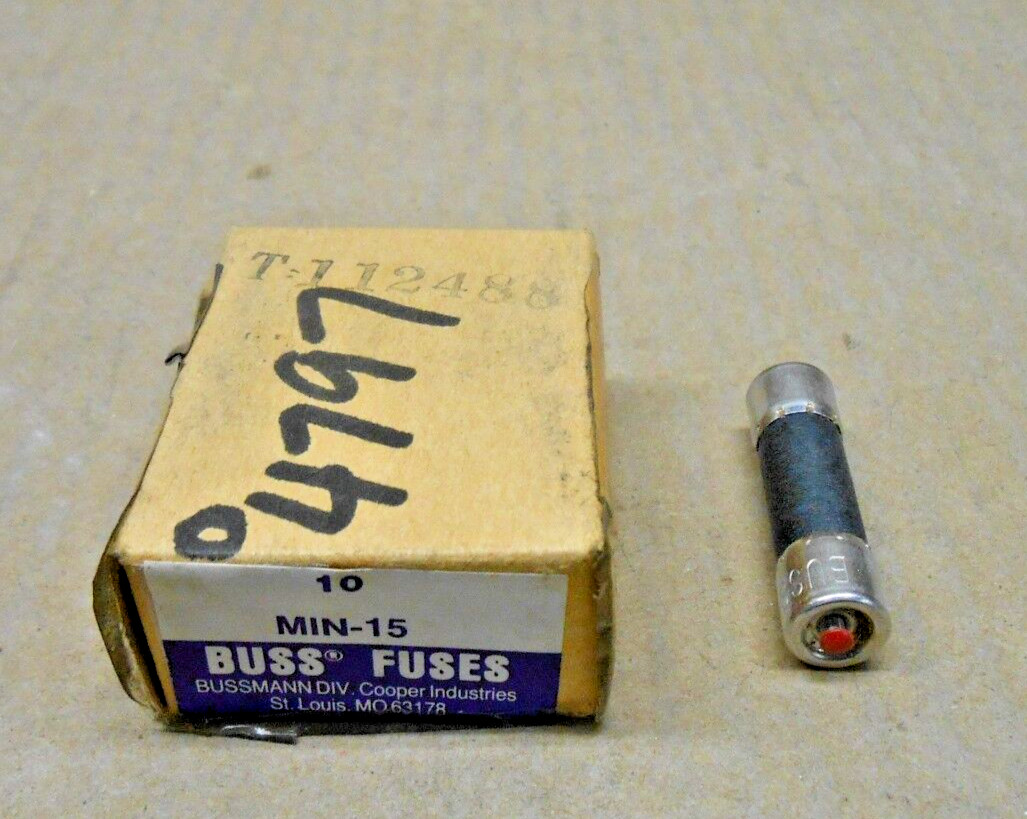 BOX OF 10 NEW BUSSMANN MIN-15 MIN15 FUSE 15AMP 250V PIN INDICATING (2 AVAILABLE)