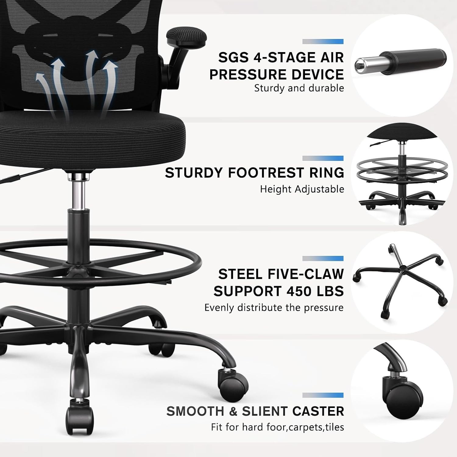 Heavy-Duty Ergonomic Chair with Footrest for Standing Desks – Max 450lb Capacity