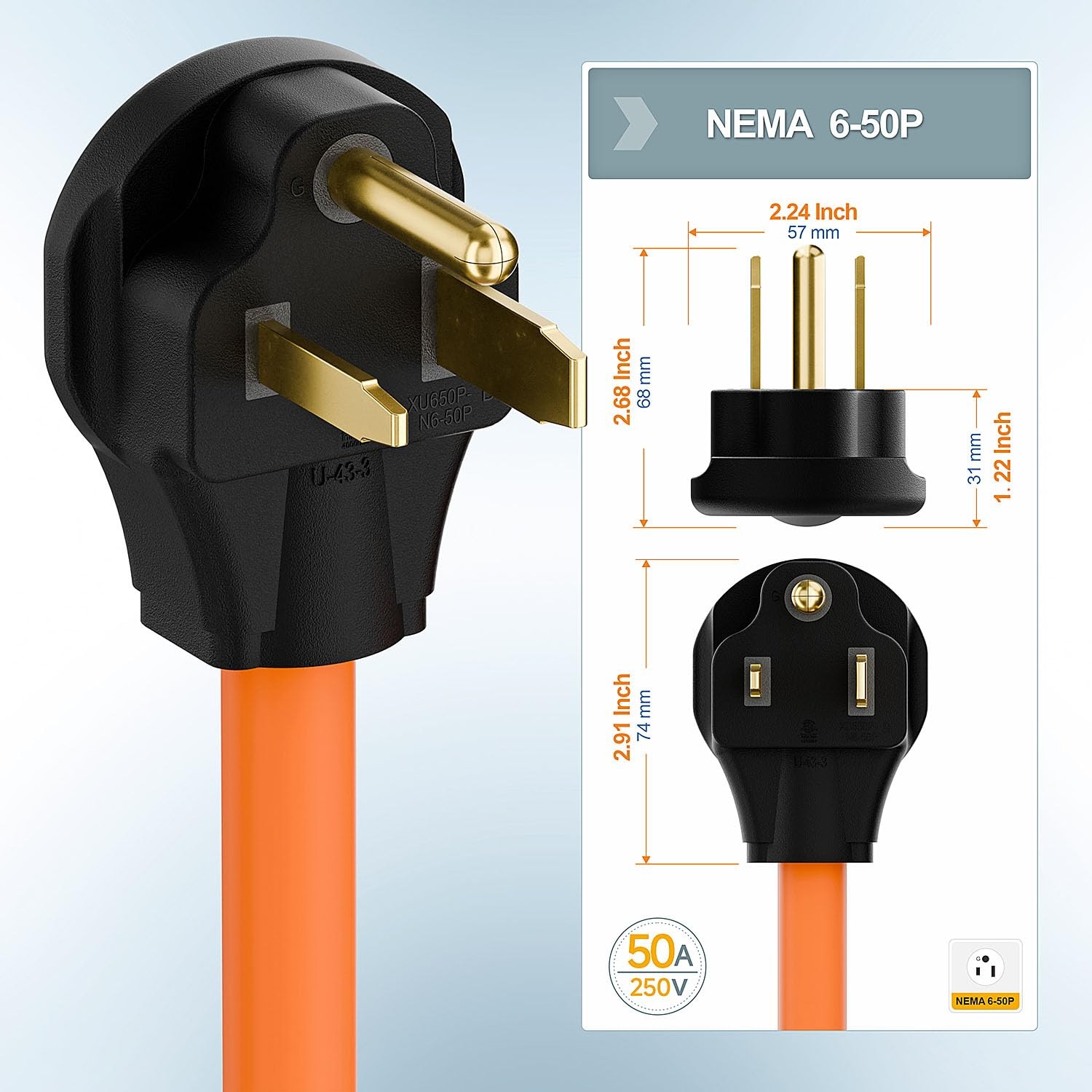 1.5FT Nema 6-50P to 6-15R/6-20R Welder Power Adapter Cord, 6-50P 50-Amp to 6-20R